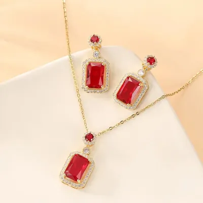 Shiny Red Stone Square Earrings Necklace Set (4 pcs)